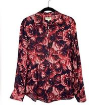 L’AGENCE Nina Floral Print 100% Silk Button Down Shirt XS Black Pink V-Neck NWT