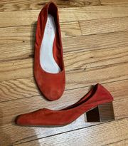 Suede Pumps Orange Chunky Heel Business Casual Party colorful bright coastal comfy slouchy corrugated draped ruched