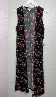 Women S Joy Duster Vest Black Red Yellow Floral Print Long Open Front