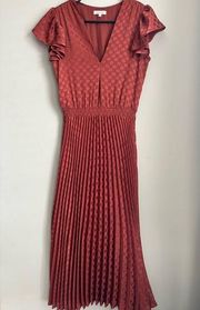 Polka Dot Pleated Satin Midi Dress Brown/ Rust EUC