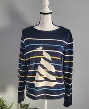 Liz Claiborne Crazy Horse Blue Striped Knit Nautical Sweater Size M