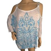 Lane Bryant Quarter Sleeve Exposed Shoulder Blouse With Floral Design and Rhines