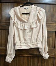 Fate Shirt Women’s Large Peasant Blouse Top Ruffles Cream Glitter Cropped