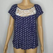 E Hanger M Floral Lace Panel Blouse Back Ties Large