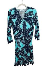 Escapada Living Dress Palm Print Trassel Trim Short Dress Blue Size XS