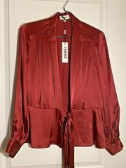 NWT L'Agence Satin Burgundy Long‎ Sleeve Top with Tie Front, Size XS