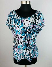 Worthington Womens Petite Large L Abstract Artsy Modern Print Cap Sleeve Top