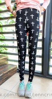 Black White Cross Print Trendy Soft Leggings