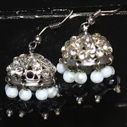 Black And White Beaded Jhumke Earrings Adorned With Cubic Zirconia Gems