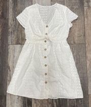 June & Hudson Midi Dress White Eyelet Boho Button Front Cap Sleeve With Ties 1