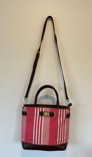 Talbots womens purse red striped canvas and brown leather, handles and strap