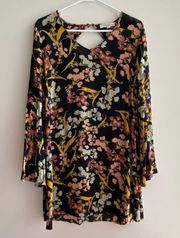 Rewind Black Floral Shift Dress, Bell Sleeves Dress, High-Low Fall Dress, Size M