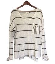 Promesa | Striped V Neck Rolled Sleeve High Low Slub Knit Top | Small