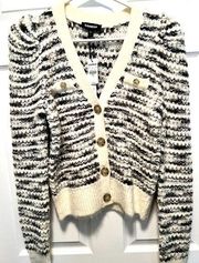 white and gray space dye cardigan with puffy sleeves. Size small