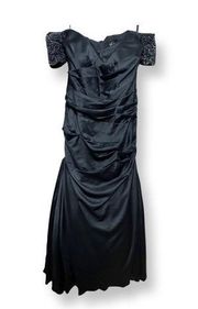 La Femme Womens Formal Gown Dress Blue Satin Off Shoulder Beaded Draped 14 New