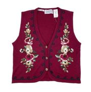 Vintage Jantzen Classics Women's Floral Embroidered Sweater Vest Maroon Red NWT