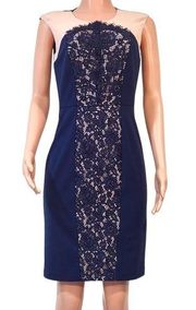 Donna Morgan Navy Blue Beige Lace Insert Sleeveless Sheath Dress Sz 4