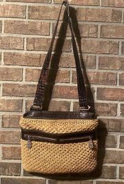 Brighton tan knit purse with dark tortoise strap and silver accents