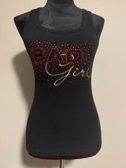 EUC Bebe Sport Black and Red Bad Girl Sequin tank size medium