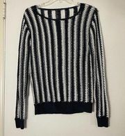 THEORY navy white crochet knit linen blend sweater size Small