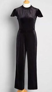 Shine With Me Velvet Jumpsuit Cap Flutter Sleeves Mockneck Black XXL