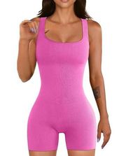 OQQ Square Neck Ribbed Athletic Romper Pink Medium Activewear
