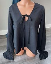 Line And Dot Black V-neck Blouse XS Long Sleeve Shirt Top Smocked Wrist NWT M12