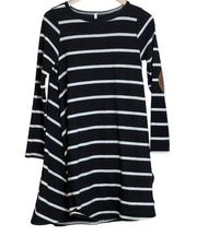 Bellamie Dress White Black Striped Elbow Patches Stretch Long Sleeves Size M/L