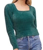 New  Puff Sleeve Square Neck Cropped Sweater Fuzzy Knit Green