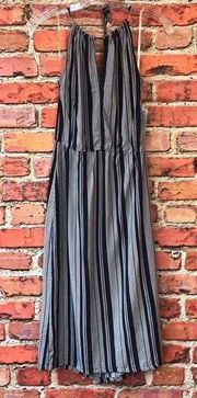 Gray and Navy Striped  Halter Neck Summer Midi Dress