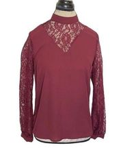 Blouse Victorian Burgundy Lace Floral High Neck Mock Long Sleeve Size 4