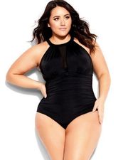 NWT City Chic Azores High Neck Mesh One Piece Swimsuit in black Size 14