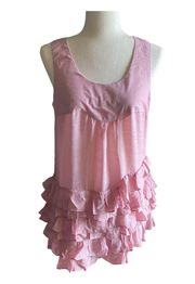 Adorable pink mini dress, tiered ruffle bottom, sleeveless, 55% rayon and 45% polyester, excellent condition, size large  Measurements:  Bust: armpit to armpit 19 inches  Length: shoulder seam to bottom 31 inches