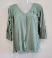 Daytrip V-neck Button Down Pleated Raw Edge Pleated Top 3/4 Sleeves Olive Small