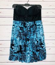 BEBE Strapless Bubble Hem Black/Blue Party Dress Size Medium