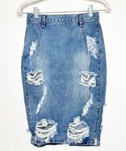 One Teaspoon Free Love Distressed High Waist Knee Length Denim Pencil Skirt 26