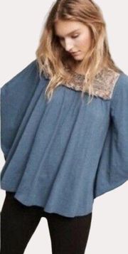 Deletta Anthropologie Josephine Boho Bead Embellished Peasant Blouse Top Blue S