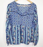 Red Camel Blue Multi-Color Printed Long Sleeve Top Women's Plus Size 1X