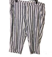 Linen Blend Striped Cropped Beach Pants Blue White 1X