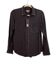 DL 1961 Women's Black Rhinestone Collared Long Sleeve Button Up Shirt Small NWT