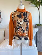 ETRO Orange Silk Floral Turtleneck Sweater Size 40