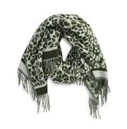 NWT Ted Baker Leopard Print Woven Long Acrylic Fringe Scarf Dark Green