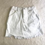 White Brea Distressed Raw Hem Denim Button Fly Mini Skirt