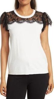 Adrianna Papell Lace Panel Mixed Media Lace Short Sleeve Sweater Ivory Black M