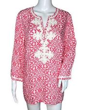 Charter Club Shirt Womens Medium Tunic Pink White Floral Embroidered Blouse Top