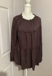 BeachLunchLounge Brown Peasant Boho Long Sleeve Ruffle Blouse S