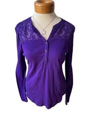 American Living purple half button up blouse with lace shoulder line size medium