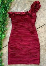 JS Collections  One Shoulder Ruffle Pleated Ruched Formal Dress Maroon Red Size 4