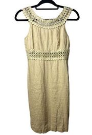 Calypso St. Barth Beige Linen Dress Crochet Sheer Sheath Boat Neck Women's 2