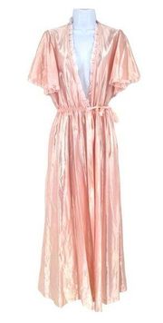 Vintage Val Mode Satin Lace Trim Tie Front along Nightgown Robe Pink Small